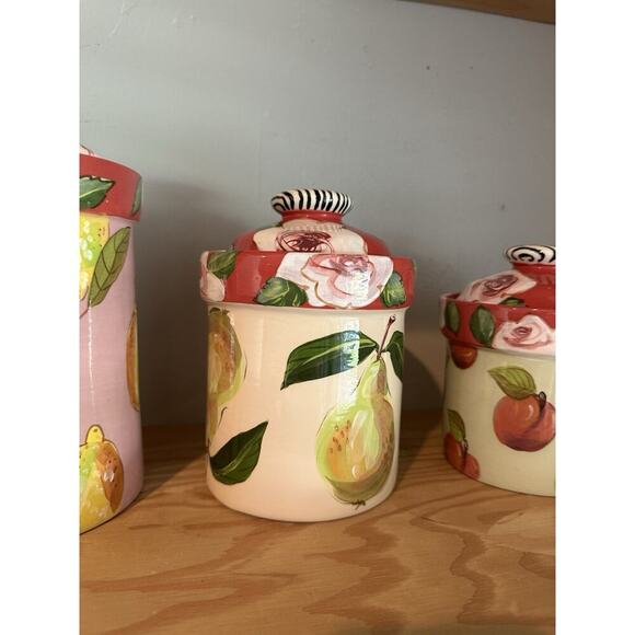 Droll Designs Set Of 4 Canister Fruit Apples Pears Plums Lemons Rose Lids Rare - Picture 7 of 16